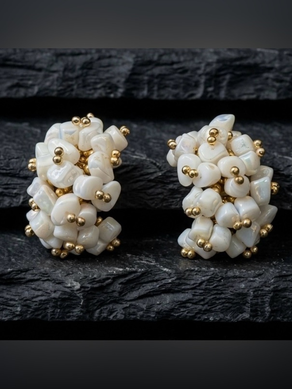 Vintage 60s Iridescent White Gold Cluster Beaded Huggie Hoop Clip On Earrings